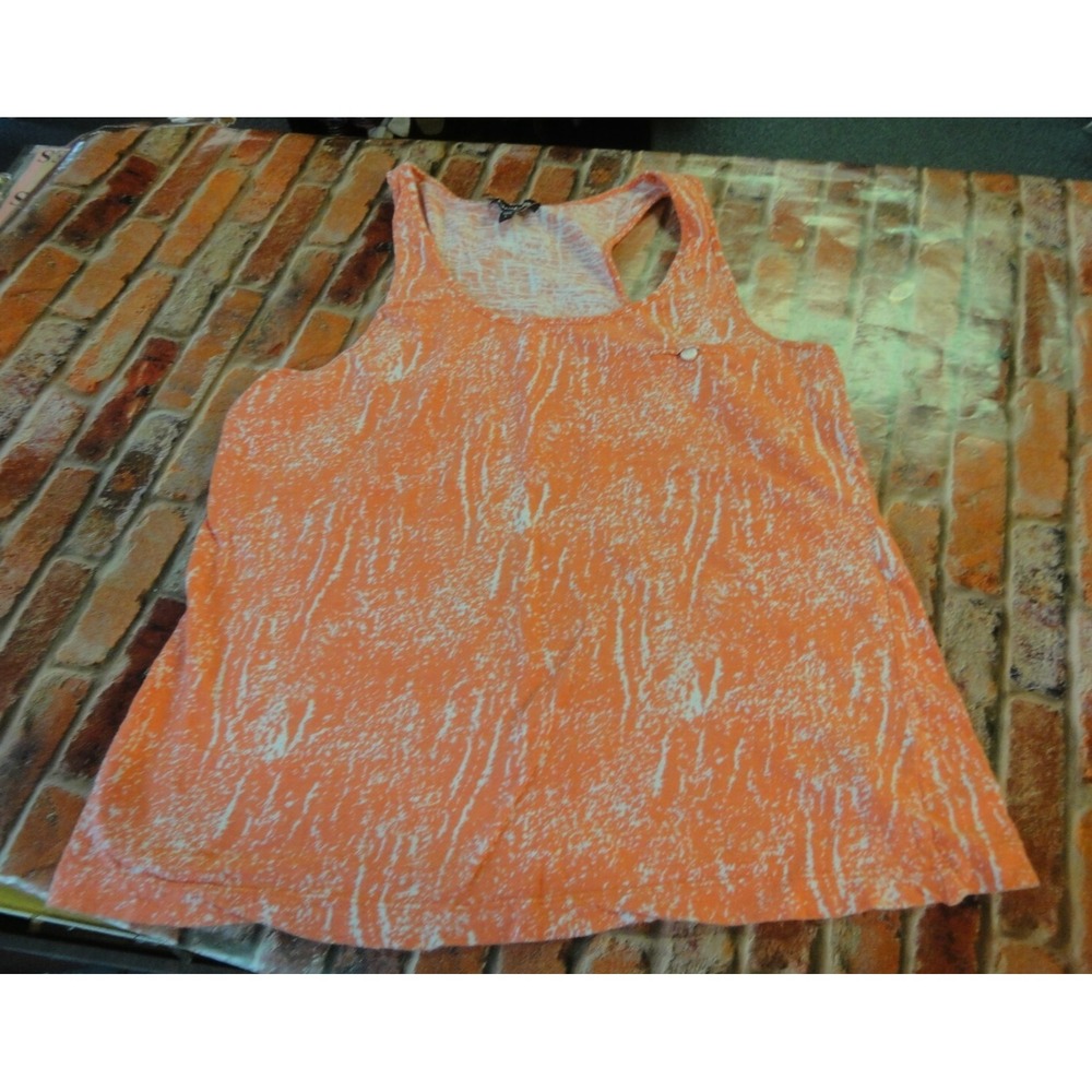 Bebe womens L tank top orange white summer shirt Y2K spatter design button accen